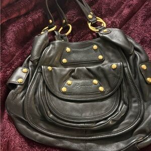 B. Makowsky Black Leather Shoulder Bag with Gold Details